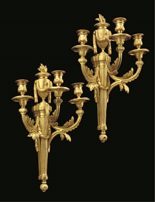 A PAIR OF LATE LOUIS XV ORMOLU THREE-LIGHT WALL-LIGHTS