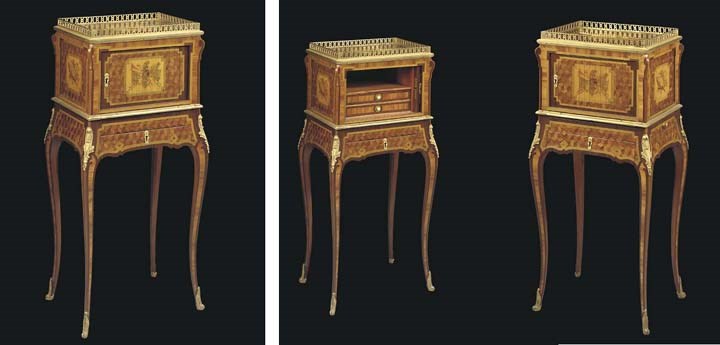 A PAIR OF LATE LOUIS XV ORMOLU-MOUNTED AMARANTH, TULIPWOOD, SYCAMORE, PARQUETRY AND MARQUETRY PETITS SECRETAIRES