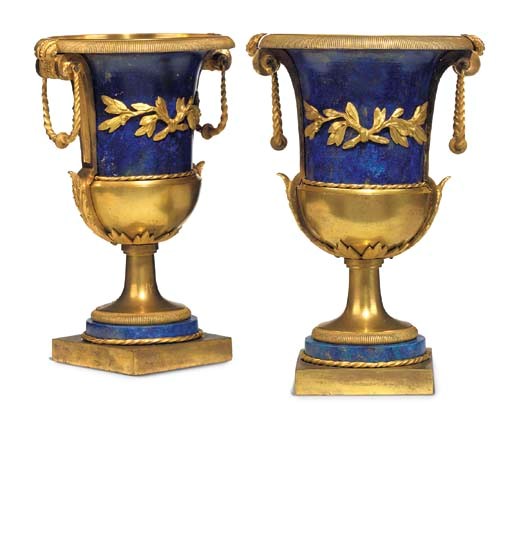 A PAIR OF LATE LOUIS XVI ORMOLU AND SIMULATED LAPIS LAZULI MEDICI VASES