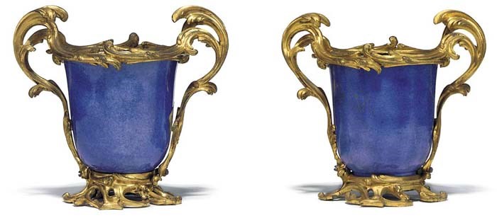 A PAIR OF LOUIS XV ORMOLU-MOUNTED CHINESE POWDER-BLUE GLAZED PORCELAIN VASES
