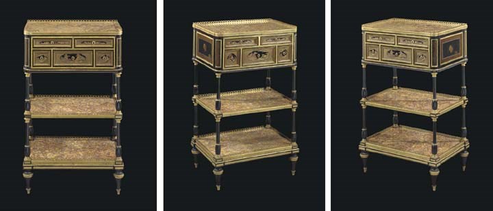 A PAIR OF LOUIS XVI ORMOLU-MOUNTED EBONY, JAPANESE LACQUER AND JAPANNED TOLE ETAGERES