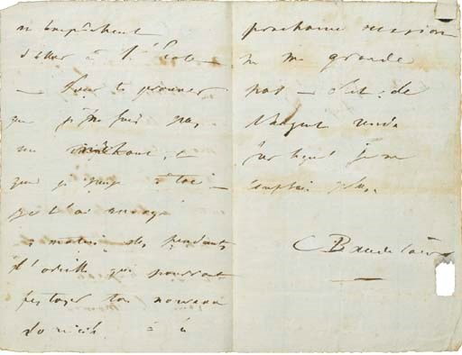 BAUDELAIRE, Charles (1821-1867). Lettre autographe signée "C. Baudelaire" adressée à sa mère. S.l.n.d. [Paris, mi-novembre 1842]. 4 pages in-12 (166 x 110 mm) sur un double feuillet, encre sépia sur papier. Suscription sur le verso de la dernière page "136 rue de Grenelle St Germain  madame Aupick". (Trace de pliures, quelques rousseurs. Cachet de cire.) Provenance: ancienne collection Armand Godoy ,° 3.