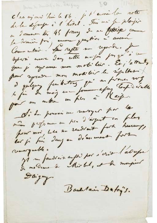 BAUDELAIRE, Charles (1821-1867). Lettre autographe signée "Baudelaire Dufaÿs" adressée à sa mère. S.l.n.d. [Juillet 1845 ?]. 4 pages in-8 (223 x 138 mm) sur un double feuillet, encre sépia sur papier. La lettre, rédigée au recto de la première page, comporte deux ratures. Suscription au verso de la dernière page "Place Vendôme. 7  Madame Aupick". (Traces de pliures et de cachet). Provenance: ancienne collection Armand Godoy.