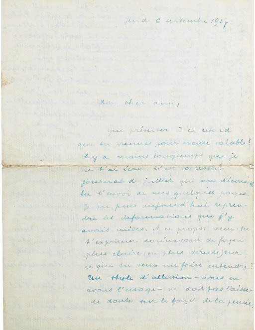 BRETON, André (1896-1966). Lettre autographe signée et datée "jeudi 6 septembre 1917". 4 pages sur une double feuille (212 x 160 mm), encre turquoise sur papier. (Trace de pliures, petites déchirures.)