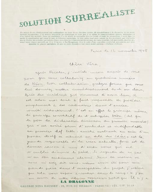 BRETON, André (1896-1966). Lettre autographe signée et datée "Paris le 12 novembre 1948", adressée à Véra Hérold. 2 pages in-4 (270 x 210 mm), encre bleue sur papier à en-tête de la Solution Surréaliste. (Traces de pliures.)