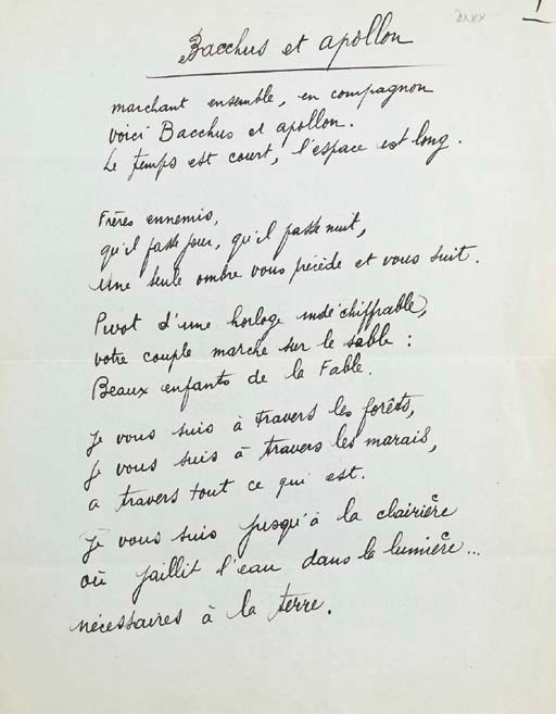 DESNOS, Robert (1900-1945). Bacchus et Apollon. Poème autographe. 3 pages in-4 (269 x 209 mm), encre noire sur papier, avec une correction autographe.