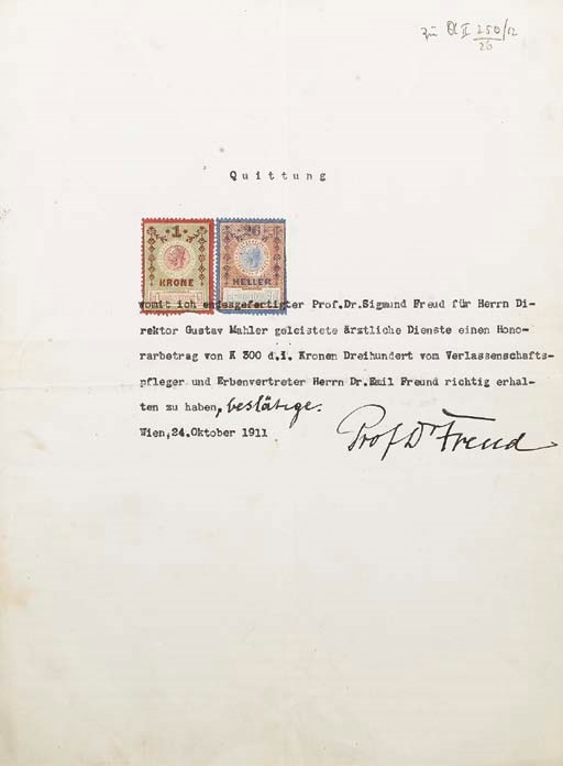 FREUD, Sigmund (1856-1939). Reçu tapuscrit avec ajout autographe, signé et daté "Vienne 24 octobre 1911". Double feuillet in-4 (289 x 214 mm), avec deux timbres fiscaux. (Traces de pliures, note manuscrite au crayon dans l'angle droit.)