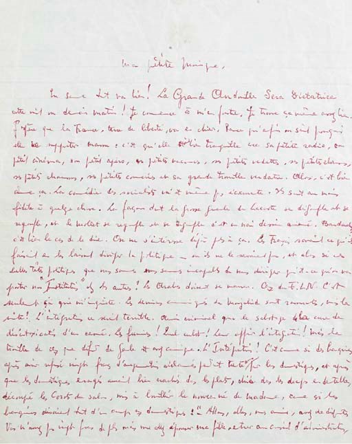 GENET, Jean (1910-1986). Lettre autographe rédigée à Copenhague au Verstersohus Hotel la veille de l'élection présidentielle de Charles de Gaulle, [20 décembre 1958] et adressée à "Ma petite Monique". 2 pages in-4 (259 x 202 mm), encre rouge sur papier.