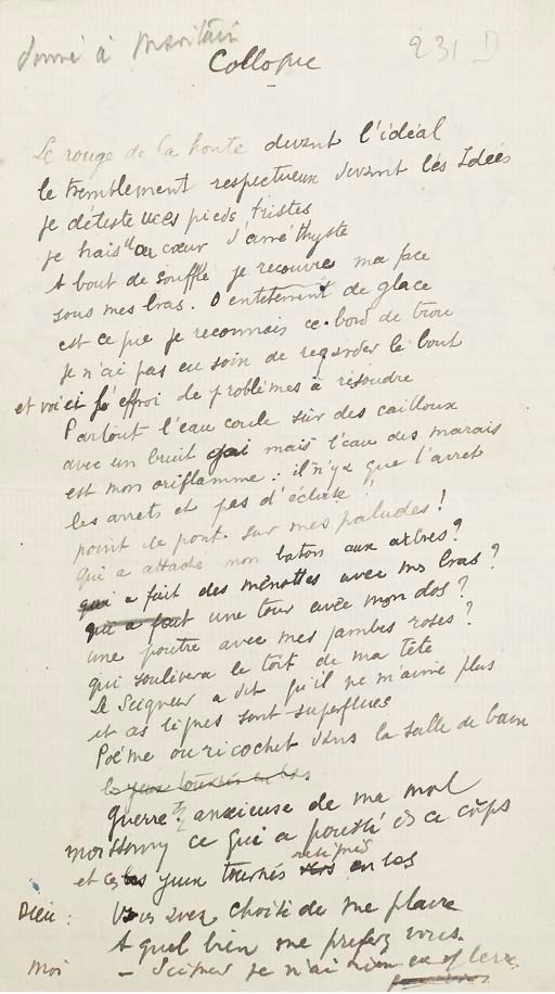 JACOB, Max (1876-1944). Colloque. Poème autographe comportant quelques ratures et corrections. Note manuscrite au crayon dans la marge supérieure "donné à Maritain". Au verso, un dessin original de Max Jacob à l'encre brune figurant le Christ portant sa croix. Une page in-8 (210 x 120 mm), encre brune sur papier au filigrane représentant une main tenant une hache. (Petites taches d'encre dans la marge de gauche).