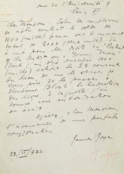 JOYCE, James (1882-1941). Carte-lettre autographe signée, adressée à l'éditeur Félix Fénéon, datée du "22 février 1922". Une page in-12 (167 x 117 mm), avec adresse et timbre au verso. (Trace de trombone.)