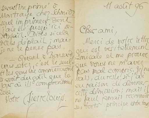 LOUYS, Pierre (1870-1925). Lettre autographe signée et datée du "11 août [18]96". 4 pages in-8 sur un double feuillet (175 x 108 mm), encre brune sur papier. (Traces de pliures, déchirure restaurée avec ruban adhésif).