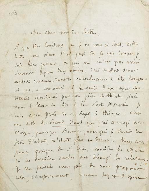 NERVAL, Gérard de (1808-1855). Lettre autographe adressée à Franz Liszt. S.l.n.d. [Vers 1853]. 4 pages in-8 (200 x 155 mm) sur un double feuillet. Rédigée encre noire, d'une écriture régulière, la lettre occupe deux pages trois quart; le verso de la dernière est entièrement couvert de notes au crayon. (Pliures, quelques petites taches et déchirures dans la marge extérieure de la dernière page).