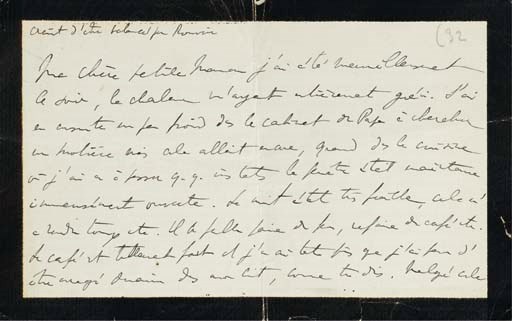 PROUST, Marcel (1871-1922). Lettre autographe adressée à sa mère. S.l.n.d. [Lundi soir 19 juin 1905]. Une page in-12 (112 x 173 mm), encre brune sur papier de deuil à filigrane "Waterford". (Traces de pliures, petites déchirures aux bords).