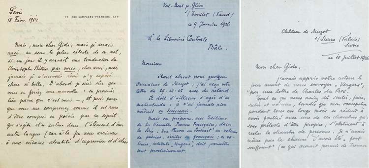 RILKE, Rainer-Maria (1875-1926). Réunion de trois lettres autographes signées, dont deux adressées à André Gide, datées du "18 février 1914" (4 pages in-8 sur papier à son adresse 17 rue Campagne Première) et du 10 juillet 1926 (4 pages in-8, sur un double feuillet), la troisième est adressée à la Librairie Centrale de Bâle, datée du "9 janvier 1926" (2 pages in-8 sur un double feuillet).