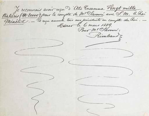 RIMBAUD, Arthur (1854-1891). Reçu autographe signé et daté "Harar 6 mars 1889". Une page in-4 oblong (212 x 273 mm), encre brune sur