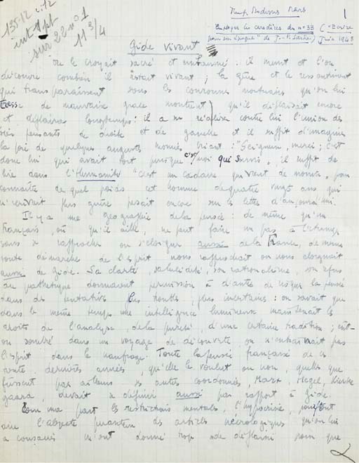 SARTRE, Jean-Paul (1905-1980). Gide vivant. Manuscrit autographe. 5 pages in- 4 (270 x 210) comportant quelques notes et corrections de détail du relecteur à l'attention du typographe, encre bleue, sur papier à lignes. (Traces de pliures horizontales.)