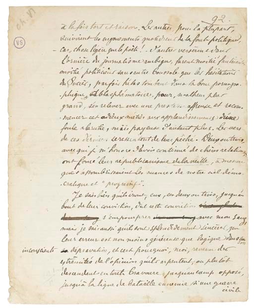 VERLAINE, Paul (1844-1896). Les poètes répudiés. Manuscrit autographe comportant quelques ratures et corrections. S.l.n.d. [Vers 1880]. 5 feuillets in-4 (214 x 173 mm), rédigés au recto, foliotés 92 à 96, montés en marge gauche sur papier fort, (petites traces de pliures, dernier feuillet avec marge blanche renforcée), reliés en un volume in-4, demi-maroquin citron à coins, signé Yseux, successeur de Thierry-Simier. Provenance: bibliothèque Samson (cachet monogrammé "VS" dans l'angle gauche du premier feuillet).