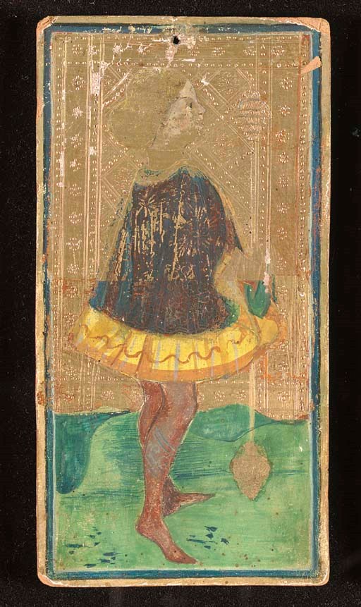 Male Page of Staves, Tarocco card, Milan mid-15th century, attributed to Bonifacio Bembo. Burnished gold and tempera on gessoed card, backs painted reddish brown (upper corners chipped, a few losses of surface and gesso from gold background, pigment losses from upper part of figure, repaint to lower part of card). In design and style this figure is a duplicate of the Page of Staves in the Accademia Carrara: the soft contours and delicate modelling of flesh tones show it to be the work of the same artist. It varies from the Bergamo card, and others of that set in one detail of the technique. In the present card gold-leaf was laid over the entire area above the landscape and the figure was painted on top of that. This may have resulted in a subtle luminosity that would have accorded well with the preferred blonde tones in works attributed to Bembo. Unfortunately it has also resulted in the pigment adhering less securely than if it had been painted directly on to the gesso ground. It may be that it was in recognition of this that Bembo abandoned this innovation and completed the Bergamo and Morgan Library cards by conventionally applying paint directly onto gesso. 6 11/16 in. (17.1 cm) high, 3 7/16 in. (8.8 cm) wide. Kaplan I & II, var.