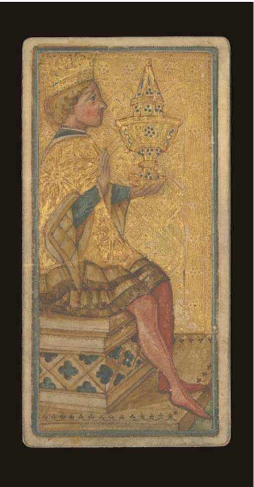 Visconti-Sforza, King of Cups Tarocchi Card, Milan, circa 1900s?, artist unknown, painted on parchment and underlaid with paper and cardboard, upper two thirds of background is leaf-gilded and tooled. The king faces to the right and holds a large ornate vessel in his left hand while he makes the sign of benediction or greeting with his other hand. The heraldic device of a sun appears on the king's cape. The king's bulging eyes and sunken cheeks are similar to the king of cups, facing to the left, of the Von Bartsch Visconti-Sforza Tarocchi cards. Back is plain reddish brown.  Size 6 11/16 in. (17.1.) high, 3 3/8 in. (87 cm.) wide.  Kaplan I & II, var.