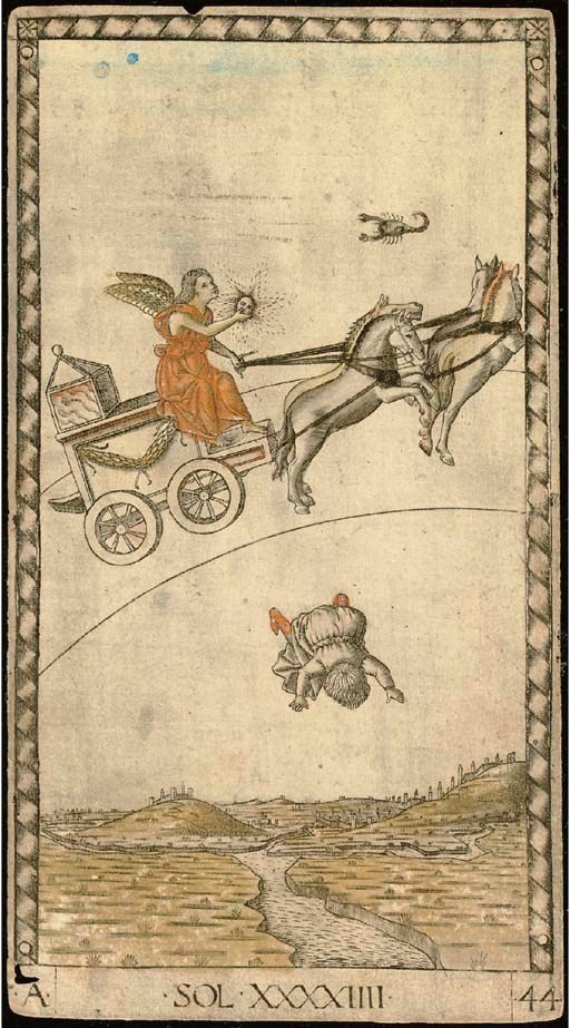 After the Master of the Mantegna Tarocchi. The Sun, S-series, no. 44. Engraving with hand-coloring, 15th/16th century, on laid paper, a reversed copy, showing some modifications especially in the form of the chariot, the hand-coloring probably later (trimmed just outside the subject, a small worm hole at the lower left corner, a small paper loss at the top edge of the sheet just touching the border, generally in good condition). A winged Helios, the Greek sun god, also known as Sol, is shown holding a sun in his right hand while riding in a chariot past the zodiac sign of Scorpio. Phaethon, the son of Helios and the nymph Clymene, is shown plunging to earth. Greek mythology relates that Phaethon prevailed upon his father to let him drive the sun chariot, but he could not control its great steeds. He plunged to earth, setting the heavens afire and making Libya a desert. To save the world, Zeus struck him with lightning. 7 1/8 in. (18 cm) high, 3 7/8 in. (9.7 cm) wide. Bartsch 61[130]; Kaplan, I & II, var.