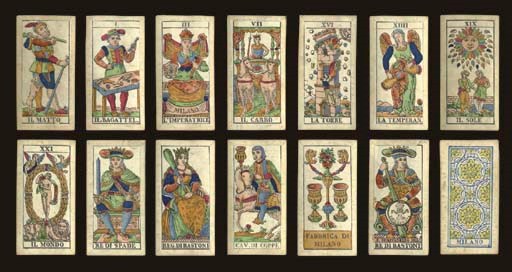 Lombardy Tarot, circa 1830, Milan, Ferdinando Gumppenberg, 78 of 78 cards, woodblock printed and stencil colored, wrap around paper edges, king of bastoni contains tax stamp of the Kingdom of Lombardy under Austrian rule, 70 centesimi (valid 1823-1840) and F. GUMPPENBERG MIL. Major Arcana and courts are full-length figures, Italian card titles, Roman numerals, Italian suits, two indices, square corners, 2 of coppe reads, FABBRICA DI MILANO.  Backs are woodblock printed decorative panel above MILANO in blue and yellow.  Size 4 3/16 in. (10.6 cm.) high, 2 3/16 in. (5.5 cm.) wide.  Slightly worn.  Kaplan I, 154.