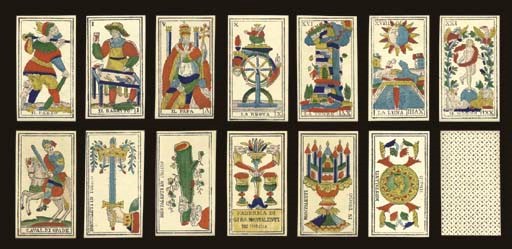Lombardy Tarot, circa 1840, Torino, Girolamo Montalenti, 78 of 78 cards, woodblock printed and stencil colored, square corners, faint watermark of round crowned shield of Savoy on all cards.  Major Arcana and courts are full-length figures, Italian card titles, double-ended Roman numerals, Italian suits, two indices, square corners, 2 of coppe reads, FABBRICA DI GIRO  MONTALENTI IN TORINO, all four aces read, MONTALENTI IN TORINO.  Backs are overall geometric pattern of dots and dashes in blue.  Size 4 1/4 in. (10.8 cm.) high, 2 7/16 in. (6.2 cm.) wide.  Four cards contain faint black and white underprint from another deck, otherwise, almost mint.  Kaplan II, 368. 	 (2)