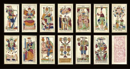 Lombardy Tarot, circa 1870, Bergamo, Pietro Milesi, 78 of 78 cards, woodblock printed and stenciled colored, wrap around paper edges, king of batons includes tax stamp of the Kingdom of Lombardy under Austrian rule, 70 centesimi (valid 1823-1840) and PIETRO MILESI BERGAMO.  Major Arcana and courts are full-length figures, Italian card titles, Roman numerals, Italian suits, two indices, square corners, 2 of coppe reads, FABBRICA DI BERGAMO.  Back is woodblock printed circular floral design above the word AL MONDO.  Size 4 1/8 in. (10.5 cm.) high,2 3/16 in. (5.5 cm.) wide.  In generally fine condition. Kaplan II, 223, 359, 361.