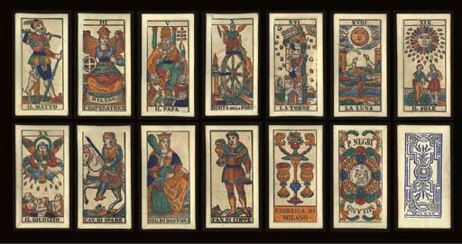 Lombardy Tarot, circa 1870, Milan, Paolo Negri, 78 of 78 cards, woodblock printed and stencil colored, wrap around paper edges, ace of danari contains Italian monarchic tax stamp, 50 centesimi (valid 1862-1864) and the words P. NEGRI MILANO.  Major Arcana and courts are full-length figures, Italian card titles, Roman numerals, Italian suits, two indices, square corners, 2 of coppe reads, FABBRICA DI MILANO.  Backs are woodblock printed decorative panel above word MILANO in blue with yellow tint.  Size 4 1/4 in. (10.6 cm.) high, 2 1/8 in. (5.4 cm.) wide.  Slightly worn.  Kaplan II, 378.