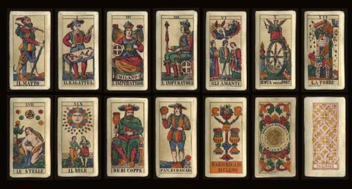 Lombardy Tarot, 1887, Milan, Bordoni & C., 78 of 78 cards, stencil colored lithography, wrap around paper edges, ace of coins contains Italian monarchic tax stamp, 50 centesimi (valid mid-1880/1890s) and stamp of the Milanese tax office dated November 26, 1887.  Major Arcana and courts are full-length figures, Italian card titles, Roman numerals, Italian suits, two indices, square corners.  Backs are ornamental panel woodblock printed in red above the word MILANO and stencil colored in yellow.  Size 4 1/4 in. (10.7 cm.) high, 2 3/16 in. (5.5 cm.) wide.  Slightly worn, and trump VI is creased.  Kaplan II, 387, 388.
