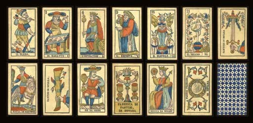 Piedmont Tarot, circa 1870, Novara, Francesco Fantini, 78 of 78 cards, woodblock printed and stencil colored, ace of denari contains Italian monarchic tax stamp, 50 centesimi (1862-1874), plus reads, FANTINI FRANCESCO IN NOVARA.  Major Arcana and courts are full-length figures, Italian card titles, double-ended Arabic numerals, Italian suits, two indices, square corners, cavalier of bastoni reads, SELLA INC. NOVARA. Backs are overall pattern of lozenges in blue.  Size 4 3/8 in. (11.1 cm.) high, 2 in. (6.3 cm.) wide.  Slightly worn.  Kaplan II, 376.