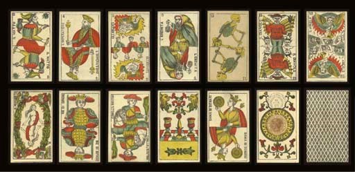 Piedmont Tarot, 1889, Torino, Alessandro Viassone, 78 of 78 cards, letter press and stencil colored, ace of denari contains Italian monarchic tax stamp in brown and facing to the left, 50 centesimi, and stamp of the Torino tax office dated March 18, 1889 and reads VIASSONE ALESSANDRO TORINO FABRICA VIA NIZZA 104 DEPOSITO VIA ARSENALE. Major Arcana and courts are double ended, Italian card titles, Arabic numerals on Major Arcana, plus suit of coppe and inside each coin in the suit of denari, Roman numerals on suits of spade and bastoni, Italian suits, two indices, square corners. Backs are overall geometric pattern of adorned crosses in black. Slightly worn. Kaplan II, 390.
