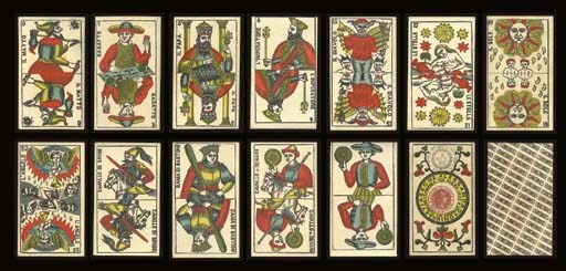 Piedmont Tarot, 1890, Torino, Alessandro Viassone, 78 of 78 cards, letterpress and stencil colored, ace of denari contains Italian monarchic tax stamp in red and facing to the right for export, and stamp of the Torino tax office dated September 6, 1890, and reads, VIASSONE ALESSANDRO TORINO FABBRICA VIA NIZZA 104 DEPOSITO VIA ARSENALE.  Major Arcana and courts are double ended, Italian card titles, Arabic numerals, two indices, square corners.  Backs are overall geometric pattern of gothic windows in black.  Size 4 3/16 in. (10.6 cm.) high, 2 7/16 in. (6.2 cm.) wide.  Almost mint.  Kaplan II, 390.