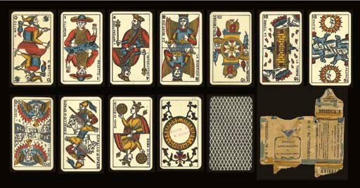 Piedmont Tarot, circa 1926, Torino, Alessandro Viassone, 78 of 78 cards, letter press and stencil colored, ace of denari contains space for tax stamp which is omitted as pack was exported, "CARTE P....L'ESTER....," and reads, "ALESSANDRO VIASSONE, TORINO, CORSO RE UMBERTO 100-102, VIA CABOTTO 1."  Major Arcana and courts are double ended, Italian card titles, Arabic numerals on Major Arcana plus suit of coppe and inside each coin in the suit of denari, Roman numerals on suits of spade and bastoni, two indices, round corners.  Includes tuck box with text, "FABBRICA CARTE da GIUOCO di Grande Resistenza, TAROCCHI da 78-N. 51, A. VIASSONE TORINO (18), Corso Re Umberto 100-102, (Stabile proprio), (Casa fondata nel 1830), Le nostre carte da giuoco, fabbricate con speciale sistema, unico in Italia, non si sfogliano e sono garantite per scorrevolezza, solidita e grandissima durata. Esportazione mondiale, Massime onorificenze," plus U S I R tax stamp, 10 cents (valid July 2, 1924-1929).  Backs are overall geometric diamond pattern of adorned crosses in black.  Size 4 3/16 in. (10.7 cm.) high, 2 3/8 in. (6.2 cm.) wide.  Cards in generally fine condition, tuck box flattened with losses.