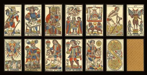 Marseilles Tarot, circa 1870, Geneva, Francois Gassman, 78 of 78 cards, woodblock printed and  stencil colored.  Major Arcana and courts are full-length figures, French card titles, Roman numerals, Italian suits, two indices, square corners,  2 of coins reads,  FABRIQUEES PAR GASSMAN.  CARTIER A GENEVE.  Backs are overall geometric pattern of dots and wavy lines in black on an ochre  background.  Size  4 1/2 in. (11.4 cm) high, 2 7/16 in. (6.1 cm) wide.  Slightly worn.  Kaplan I, 163.