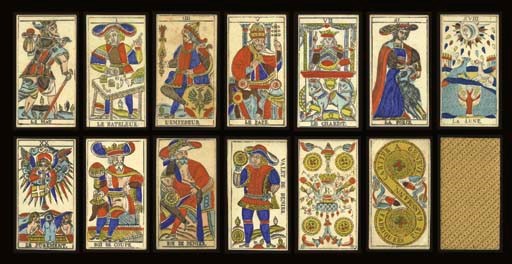 Marseilles Tarot, circa 1870, Geneva, Francois Gassman, 78 of 78 cards, woodblock printed and  stencil colored.  Major Arcana and courts are full-length figures, French card titles, Roman numerals, Italian suits, two indices, square corners,  2 of coins reads,  FABRIQUEES PAR GASSMAN.  CARTIER A GENEVE.  The stencil coloring in this edition is different than the other edition, for example, Le Mat has a blue dog instead of brown, Le Bateleur has a two-color jacket instead of blue, III L'Imperatrice wears a brown skirt instead of blue, etc.  Backs are overall geometric pattern of stars and dashes (instead of dots) and wavy lines in black on an ochre  background.  Size  4 1/2 in. (11.4 cm) high, 2 7/16 in. (6.1 cm) wide.  Slightly worn.  Kaplan I, 163.