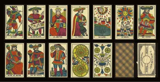 Marseilles Tarot, circa 1905, Schaffhausen & Hasle, J. Muller & Cie, 78 of 78 cards, stencil colored lithography.  Major Arcana and courts are full-length figures, Roman numerals, Italian suits, French card titles, two indices, square corners, 4 of coupe depicts an "R," 2 of coupe reads, FABRIQUE DE CARTES A SCHAFFHOUSE.  Backs are plaid tarotee in black and blue on tan background.  Original paper wrapper reads, J. MULLER & Cie SCHAFFHOUSE & HASLE CARTES TAROCS.  Size 4 3/8 in. (11.1 cm.) high, 2 3/8 (6 cm.) wide.  Original wrapper damaged, overall in generally fine condition.