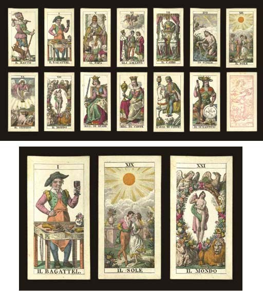 Dellarocca Tarot, circa 1830, Milan, Ferdinando Gumppenberg, 78 of 78 cards, hand colored and stencil colored steel engravings, wrap around paper edges, king of bastoni contains tax stamp of the Kingdom of Lombardy under Austrian rule, 70 centesimi (valid 1823-1840) plus name of designer, C(arlo) Dellarocca and FAB DI GUMPPENBERG MILANO.  Major Arcana and courts are full-length figures, Italian card titles, Roman numerals, Italian suits, square corners, two indices, the letter "M" appears on the garment worn by Il Matto.  Backs are woodblock printed image of young shepherd boy sitting on a rock and playing the guitar, a dog at his feet, below reads F.G. MIL, all in pink.  Size 4 3/16 in. (10.6 cm.) high, 2 1/8 in.  (5.4 cm.) wide.  Slightly worn.  Kaplan I & II, var.