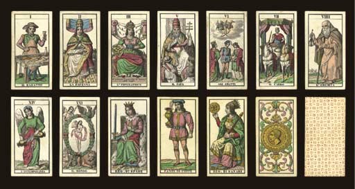 Dellarocca Tarot, circa 1830, Milan, Ferdinando Gumppenberg, 56 of 78 cards (includes Major Arcana I to III, V to XI, XIII to XV, XXI, all four courts in the suits of spade and denier, two courts in the suit of coupe, and 32 of 40 pips), hand colored and stencil colored steel engravings.  Major Arcana and courts are full-length figures, Italian card titles, Roman numerals, Italian suits, two indices, square corners, Major Arcana I IL BAGATTO is a shoe cobbler, III L'Imperatrice depicts shield of double eagle with initials "F.I." and  reads, "Il presente e posto sotto la tulela delle Leggi"  (It is regulated and protected by the laws)  Backs are overall geometric pattern of dots and circles in red.  Size 4 1/16 in. (10.3 cm.) high, 2 1/16 in. (5.2 cm.) wide.  Slightly worn.  Kaplan I & II, var.