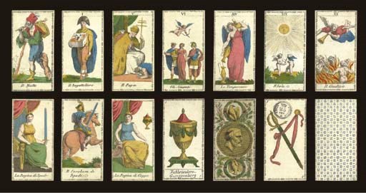 Gumppenberg Tarot, circa 1812, Milan, Ferdinando Gumppenberg, 78 of 78 cards, hand and stencil colored copper engravings, decorative border on all cards, ace of spade contains tax stamp of the Kingdom of Italy under French rule, 25 centesimi (valid 1807-1815).  Major Arcana and court cards are full-length figures, Italian card titles, Roman numerals, Spanish suits, square corners, no indices, ace of coppe reads, "Fabbricatore Gumppenberg."  Backs are overall pattern of dots and small suns in blue.  Size 4 3/16 in. (10.6 cm.) high, 2 1/16 in. (5.2 cm.) wide.  In generally fine condition. Kaplan II, var. 	 (2)
