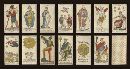 Gumppenberg Tarot, circa 1812, Milan, Ferdinando Gumppenberg, 78 of 78 cards, woodblock printed and stencil colored, king of bastoni contains tax stamp of the Kingdom of Italy under French rule, 25 centesimi (valid 1807-1815).  Major Arcana and courts are full-length figures, Italian card titles, Roman numerals, Spanish suits, two indices, square corners, ace of danari reads, "Regia Fabbrica di Milano. Fabbricatore Gumppenberg." This version of Gumppenberg tarot appears to be a cheaper edition of its counterpart by using woodblock printing instead of copper engraving, eliminating backgrounds on some of the cards, and leaving the cards unpolished.  Backs are overall pattern of dots, dashes and suns in red.  Size 4 1/8 in. (10.3 cm.) high, 2 in. (5.cm.) wide.  In generally fine condition. Kaplan II, var.