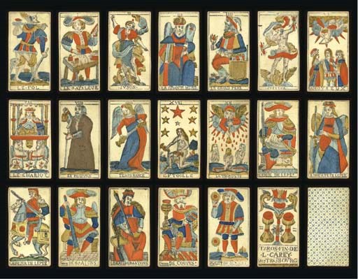 Besançon Tarot, circa 1795, Strasbourg, Louis Carey, 78 of 78 cards, woodblock printed and stencil colored, 2 of coupes reads, TAROS FIN DE L. CAREY A STRASBOURG.  Major Arcana and courts are full-length figures, French card titles, Roman numerals, Italian suits, two indices, square corners.  In 1793, the French National Convention decreed that all royal symbols be removed from the design on playing cards, thus,  III L'Imperatrice and IV L'Empereur were replaced by III La Grand Mere and IIII Le Grand Pere,  respectively,  VIIII L'Ermite became VIIII Le Peauvre,  XX Le Jugement was changed to XX La Trompete, kings and queens of the court cards lost their crowns and were called Genie and Liberte, and the valets (jacks) were promoted to Egalite. Several misspellings, such as Tenperance for Temperance, L'Ftoile for L'Etoile and Baatons for Batons, may have resulted from illiterate artisans.  Backs are an overall pattern of dots and asterisks in blue.  Size 4 13/16 in. (12.3 cm.) high, 2 9/16 in. (6.5 cm.) wide.  A few cards slightly worn, five cards have slightly different back design (XVIII La Lune, cavalier of epee, X of baatons, VIII of coupes and VIII of deniers), partial surface loss to X of deniers.  Kaplan I, 155.

	 (2)
