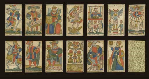 Besançon Tarot, circa 1800s, Besancon, J. Jerger, 73 of 78 cards (lacks 10, 5 and ace of epees, 8 and ace of baatons), woodblock printed and stencil colored, ink stamp on each card, FRANCE J JERGER, two of coupes reads, TAROTS FINS FAITes PAR J. JERGER FABRIQUANT CARTs (sic) A BESANCON.  Major Arcana are full-length figures, double printed Roman numerals on pips, French card titles, II Junon and V Jupiter replace The Empress and The Emperor, VII Le Charior bears the initials "J I A B," VIII Le Capucin for The Hermit, courts are full-length figures, Italian suits, double Roman numerals on pips, epee, baatons (sic), coupes, deniers, two indices, square corners.  Backs are marbled green.  Size 4 13/16 in. (12.2 cm) high, 2 9/16 in. (6.5 cm) wide. Slightly worn, small surface losses on X La Roux de Fortune, XXI Le Monde, and cavalier de coupes, minor foxing and water stains on a few cards. Kaplan II, var. 	 (2)