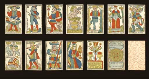 Bacchus Tarot, circa 1770, Brussels, Jean Galler, 78 of 78 cards, woodblock printed and stencil colored. The surname of the maker, but not his first name, has been removed from the woodblock on the ace and 2 of coins before printing, yet his initials I. G. (for J. G.) remain on the 4 of coins suggesting the pack was issued by Galler's successor. Trumps are full-length figures, Roman numerals, featuring unusual characters including the Spanish Captain, Le' Spagnol Capitano Eracasse for trump II and Bacus (sic) for trump V, Le Fol is numbered XXII. Courts are full-length figures, Italian suits, French card titles, no indices, square corners, 2 of cups contains a tablet explaining that the lowest value cards in the suits of coins and cups carry the highest values when played in the game of tarot.  Backs are overall geometric pattern of suns within hexagons in red.  4 5/8 in. (11.9 cm) high, 2 11/16 in. (7 cm) wide.  In generally fine condition. Kaplan I, 152. 	 (2)