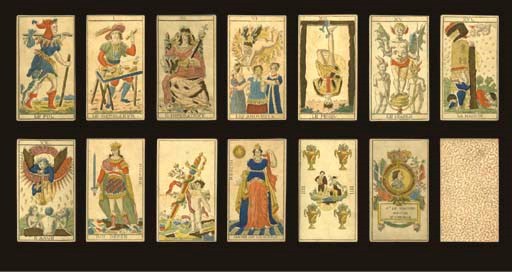 Recchi Tarot, circa 1820, Oneglia, Giacomo Recchi, 78 of 78 cards, stencil colored copper engravings, yellow stamp in the center of each card displays the coat of arms of Savoy (valid 1815-1840).  Major Arcana and courts are full-length figures, French card titles, Roman numerals, Spanish suits, two indices, square corners, ace of deniers reads, F.DI GIACOMO RECCHI D'ONEGLIA, desine e Grave par Arghinenti. Trumps follow the scheme of Piedmont tarot, but courts and pips have been redrawn with popular Spanish characters and scenes in neoclassical style inspired by Spanish card maker Clemente Roxas, Madrid.  Back design is overall pattern of red and blue wavy lines.  Size 4 3/8 in (11.1 cm) high, 2 9/16 in. (6.5 cm) wide.  Slightly worn.  Kaplan II, var. 	 (2)