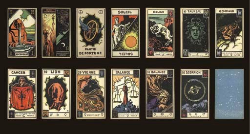 Muchery Astrological Tarot, circa 1927 (?), Paris, B. P. Grimaud (?), 48 of 48 cards, color lithography.  Created by George Muchery and designed by Henri Armengol,"Le Tarot Astrologique" seeks to combine the elements of astromancy with tarot.  The 48 cards comprise 36 zodiacal sign cards, 9 star and planet cards, and one each of The Ascendant, The Ascending Node/The Descending Node, and Part of Fortune.  Three cards in each sign of the zodiac have either no marked value, 10 or 20. There are 39 cards with full-length figures and 9 cards are split images, double ended card titles on most cards, astrological names, descriptions, and symbols of planets and aspects, square corners.  The coloring on some cards in this pack differs from the earlier version, for example, the Gemeaux are more red than brown.  Backs are random stars against blue sky.  Size 4 15/16 in. (12.7 cm.)  high, 2 15/16 in. (7.4 cm.) wide.  Slightly worn.  Kaplan I, 266.