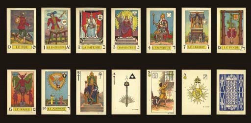 Knapp-Hall Tarot (Revised New Art Tarot Cards) 1929, Los Angeles, 78 of 78 cards, color lithography.  Major Arcana and court cards are full-length figures, French card titles, Arabic numerals, Hebrew letters, small symbols appear inside a shield on all cards except Le Fou, square corners.  Imagery on the cards varies from traditional Marseilles Tarot, for example, 0 Le Fou is blindfolded and an alligator rises from water, I Le Bateleur's wand has become a caduceus, and The World is designated both numbers 21 and 22.  Courts are designated K (king), G (queen), W (warrior), and S (slave), suits are swords, scepters, cups and pentacles with representations on pip cards forming triangles, squares and stars.  J. Augustus Knapp (1853-1938) designed the cards in collaboration with Manly P. Hall, director of the Philosophical Research Society in Los Angeles.  Knapp was a talented artist and illustrator, particularly adept in expressing ancient and medieval symbolism in his artwork. Each card is copyrighted J. A. Knapp.  Backs are two vertical panels with pharaonic design surrounding anagrams of the word tarot: TARO/AROT/ROTA/OTAR in blue.  Size 3 5/8 in. (9.2 cm) high, 2 3/8 in. (6 cm) wide.  Complete with original two-piece, top-lid cloth-covered box. Kaplan I, 198.