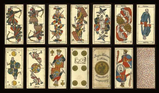 Tarocchini of Bologna, circa 1810, Milan, Ferdinando Gumppenberg, 62 of 62 cards, woodblock printed and stencil colored, king of bastoni contains tax stamp of the Kingdom of Lombardy under French rule, 25 centesimi for private use (valid 1807-1815) and black rectangular stamp, "Pe Case" (private house) on 6 of danari.  Trumps and courts are double ended, Italian card titles, Arabic numerals on cards 5 to 16, unnamed Italian suits, two indices, square corners.  The first four unnumbered trumps are named Affricano, they wear a feathered hat and are poised to shoot an arrow from their bow, two wear a feathered loin cloth and two wear fur, Matto, representing The Fool, is a harlequin playing the fiddle, Bagattino for The Magician is Papageno, the bird seller from Mozart's The Magic Flute dressed in feathers and a bird cage on his back, other unusual cards are 9 Sforza, a kind of Hercules forcing open the mouth of a lion, 9 Vecchio, an old man with a crutch, Luna standing next to a globe of the world, and Mondo depicted by Hermes in winged helmet holding a caduceus and sack.  Backs are an overall pattern of wavy red and blue lines.  Size 4 9/16 in. (11.5 cm) high, 2 1/16 in. (5.2 cm) wide.  A few cards slightly worn, overall in generally fine condition. Kaplan II, 348.