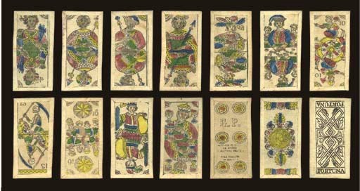 Tarocchini of Bologna, circa 1850, Bologna, Gaetano Provasi, 62 of 62 cards, woodblock printed and stencil colored, wrap around paper edges, ace of coins contains a bearded antique bust facing to the right, possibly representing an Italian or Bolognese tax stamp.  Trumps and court cards are double-ended without card titles, Italian suits, square corners, the first four unnumbered trump cards depict figures similar to Moors and straps, the next cards are numbered in Arabic 5 (Love) to 16 (Star), followed by the remaining five unnumbered trump cards, the 6 of coins reads, G. P. FABBRICA DI CAR..., DA GIUOCO DI GAFTANO PROVASI ALLA FORTUNA IN BOLOGNA.  Backs are a wood block printed ornamental panel with double-ended word: FORTUNA.  Size 4 7/16 in. (11 cm.) high, 2 in. (5.1 cm.) wide.  Slightly worn.  Kaplan II, 340.