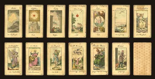 Grand Etteilla I Tarot, circa 1850s?, Germany, card maker unknown, 20 of 78 cards (includes Major Arcana 1-5, 7, 9-17, 24, 36, 48, 68 and Folly), hand-colored copper engravings.  Cards are full length figures, double-ended card titles or meanings in German, cards 1 to 5 and 9 to 12 have titles reading upright instead of reversed, cards 2 to 5 and 7 have text across the top (card 2 has the second element for fire and 1st day of creation, 3 has the first Element for water and 3rd day of creation, 4 has the third Element for air and 2nd day of creation, 5 has fourth element for earth and 6th day of creation, 7 has the seventh day of creation being the day of rest), cards 1 to 5, 7 and 9 to 12 have signs of the zodiac on upper left side (1 Aries, 2 Taurus, 3 Gemini, 4 Cancer, 5 Leo, 7 Libra, 9 Sagittarius, 10 Capricorn, 11 Aquarius, 12 Pisces), the 2 of cups card number 48 has uncolored panel at bottom, the 10 of coins card number 68 is also uncolored in panel at bottom but includes a sextant, Arabic numerals, unusual Italian suits, two indices. round corners,  Backs are overall geometric design of asterisks within dotted circles in red.  Size 4 5/8 in. (11.6 cm.) high, 2 9/16 in. (6.4 cm.) wide.  Some brown spots and stains, worn, card 78 has crease.