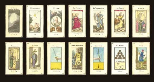 Grand Etteilla I Tarot, circa 1850s?, France, card maker unknown, 20 of 78 cards (includes Major Arcana 1, 4, 5, 9-13, 15, 23, 35-37, 40, 47, 53, 63, 64, 68 and 78), stencil-colored copper engravings. Cards are numbered in Arabic including card 1 entitled, L'Homme pour qui on consult, 78 Folie, double-ended card titles or meanings, panel at bottom ace of batons, card number 35, is colored in yellow and includes a staff representing the staff of Moses, panel at bottom of ace of swords, card number 63, is colored in yellow without any image but refers to the sword of St. Pierre, unusual Italian suits, two indices, round corners.  Backs are plain.  Size 4 5/8 in. (12 cm.) high, 2 9/16 in. (6.6 cm.) wide.  In generally fine condition.